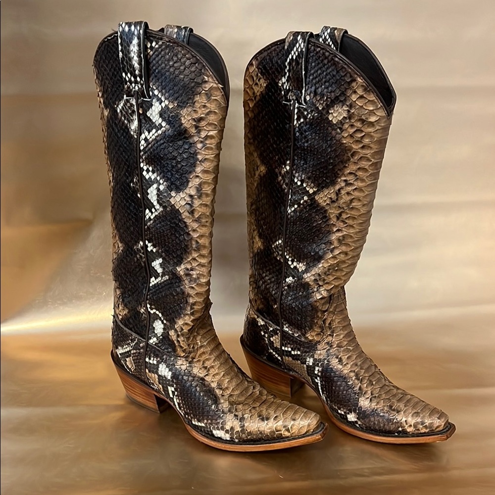 Idyllwind Brown and Tan Heeled Boots with Snakeskin Design
